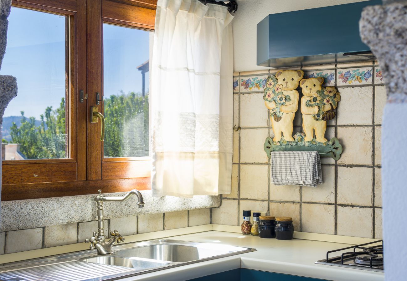 Villa Majra - cuisine bien éclairée avec vue sur le jardin, maison de vacances en Costa Smeralda